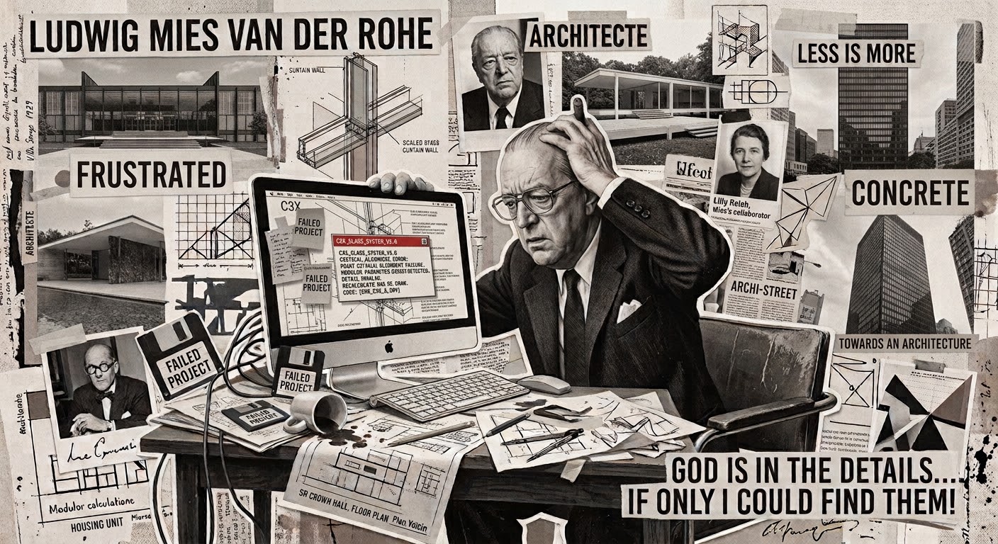 Mies van der Rohe frustrado ante un ordenador con error de proyecto, fotomontaje